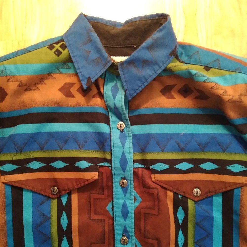 Vintage Longhorn Aztec Southwest Pattern Western Button Down Shirt